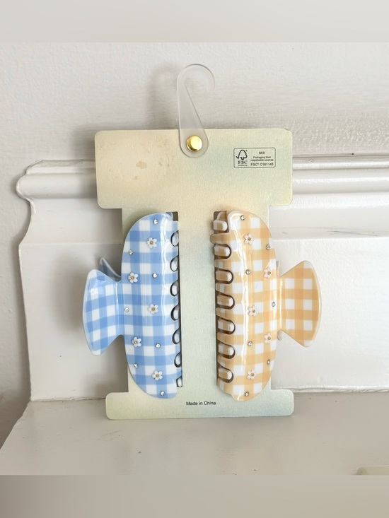 PIPER K Gingham Daisy Clip Set Choose Yellow & Blue OR Pink & Green - Picture 4 of 5